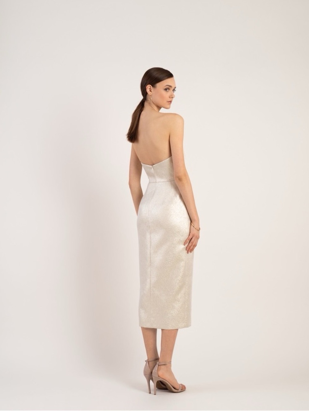 Jenny Yoo Strapless Metallic Gold Midi Dress Size 6 Wedding Guest NWT Elegant - Picture 4 of 10